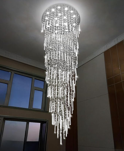 D40'' x H120'' Crystal Chandelier High Ceiling Chandeliers for Entryway Large Raindrop Chandeliers LED Dimmable Flush Mount Light Fixtures for Staircaes Foyer Hallway Living Room Bulbs Included Silver