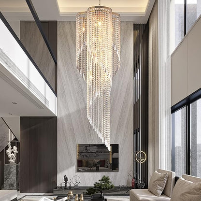 Large Spiral Crystal Beaded Strands Chandelier for High Ceiling, 9-Lights Luxury Gold Foyer Pendant Light, Modern Semi-Flush Mount Ceiling Light Fixture for Entryway Staircase, D21.7'' x H59''