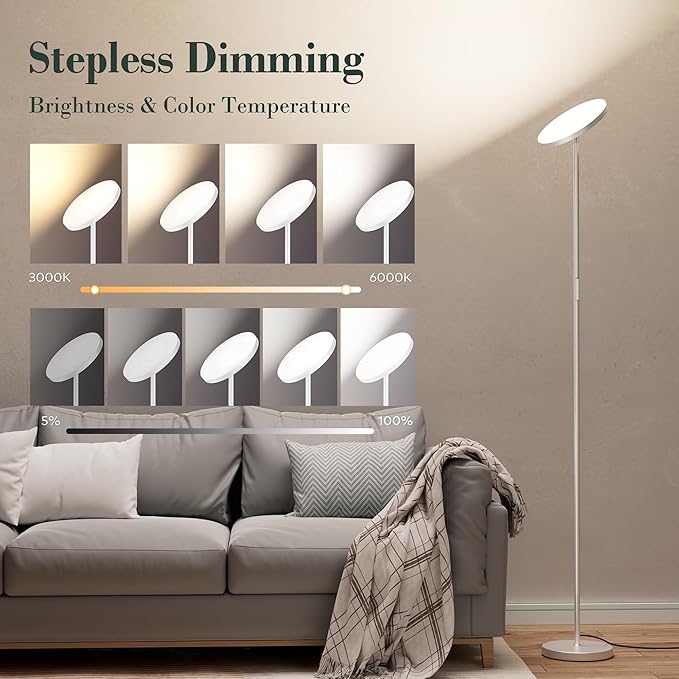 OHLUX Gray Floor Lamp, 32W/2500LM Super Bright Dimmable Sky LED Modern Torchiere Standing Lamp, LED Floor Reading Lamp with 4 Color Temperatures, Remote Touch Control, 1 Hour Timer for Living Room