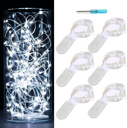6 Pack Fairy Lights Battery Operated No Remote Waterproof Firefly Lights LED Starry String Lights 20 LEDs 7ft Silvery Copper Wire for Wedding Party Bedroom Patio Christmas Decor Cool White