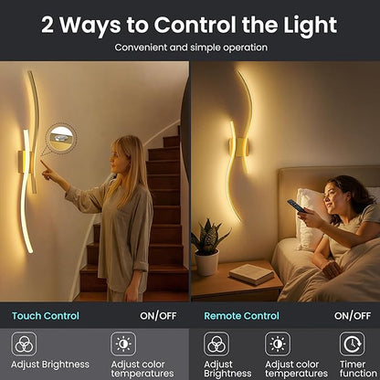 Battery Operated Wall Sconces Set of Two, 10000mAh Rechargeable Modern Wall Lights with Remote Control, Dimmable Gold LED Cordless Lighting for Living Room, Bedroom, Hallway, 39.4 Inch, 3CCT