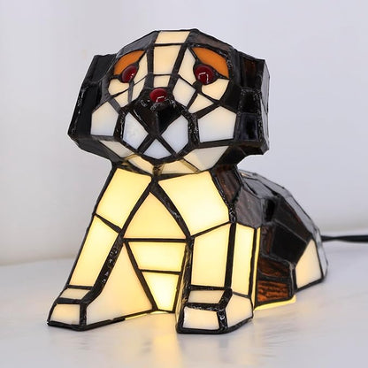 Small Tiffany Lamp Stained Glass Animal Table Lamp Mini Accent Desk Light (Brown White Dog)
