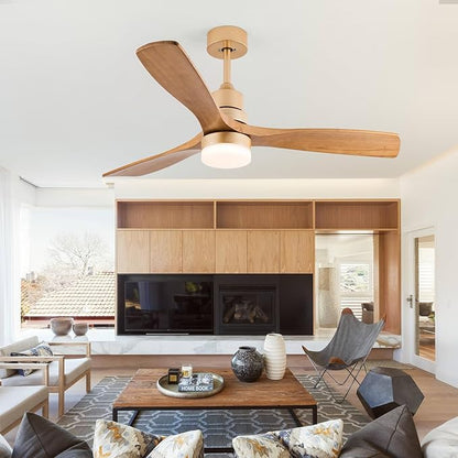 Champagne Gold Luxury Style Ceiling Fan with Light Solid Wood Blade Noiseless Reversible Motor Dimmable Light Memory Living Room and Bedroom Ceiling Fan (Golden04)