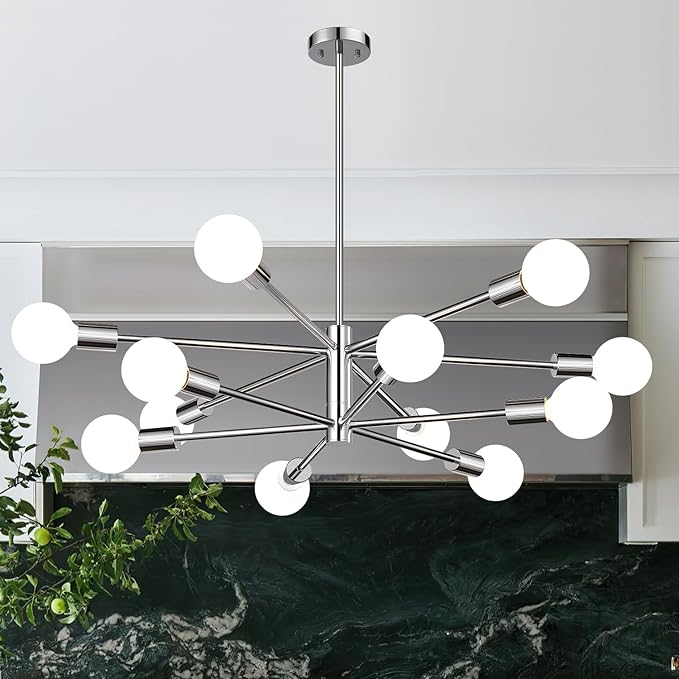 MQMQA 33" Modern Chandelier Ceiling Light Fixture, 12-Light Sputnik Chandeliers Chrome Mid Century Chandelier Over Table, Height Adjustable Chandeliers for Dining Room Living Room Kitchen