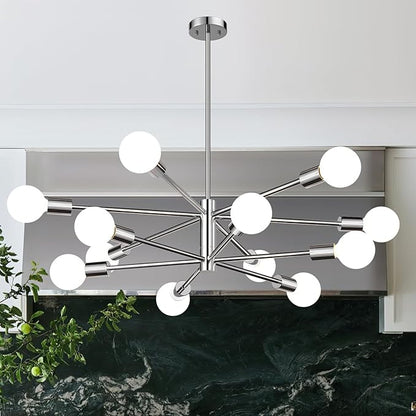 MQMQA 33" Modern Chandelier Ceiling Light Fixture, 12-Light Sputnik Chandeliers Chrome Mid Century Chandelier Over Table, Height Adjustable Chandeliers for Dining Room Living Room Kitchen