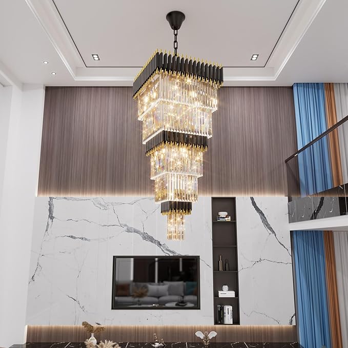 W24 x H80 Large Black Gold Chandeliers for High Ceiling, 15-Light Square Tiered K9 Crystal Raindrop Chandelier, Adjustable Height Luxury Pendant Light for Staircase, Villa Foyer, Entryway