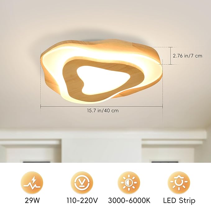 Littleglovo 15.7" Modern Flush Mount LED Chandelier for Dining Room, Dimmable Natural Wood Petal Energy Chandeliers Ceiling Light for Entryway Bedroom Foyer Kitchen Living Room Bathroom