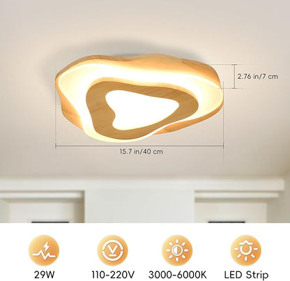 Littleglovo 15.7" Modern Flush Mount LED Chandelier for Dining Room, Dimmable Natural Wood Petal Energy Chandeliers Ceiling Light for Entryway Bedroom Foyer Kitchen Living Room Bathroom