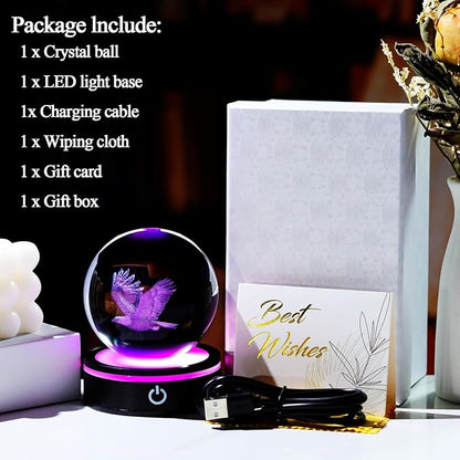YWHL 3D Eagle Figurines Crystal Ball with Colorful Light Base, Laser Engraved Eagle Statue Sphere Gifts for Women Men, Animals Collection Ball Home Decor(80mm)
