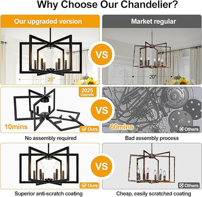 25" Modern Matte Black Chandelier for Dining Room, No Assembly Required Black Dining Room Light Fixture Over Table, Industrial Metal Hanging Pendant Lights Fixture for Kitchen Island, Entryway, Foyer