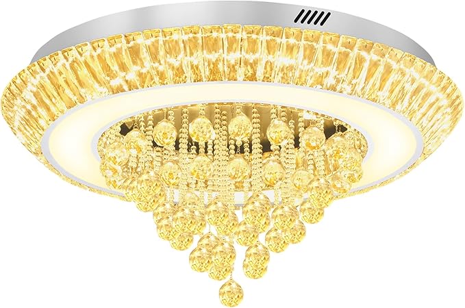 Modern LED Crystal Chandelier, Large Round Raindrop Chandelier for Living Dining Room 32in Chorme Flush Mount Ceiling Light Kitchen Island Bar