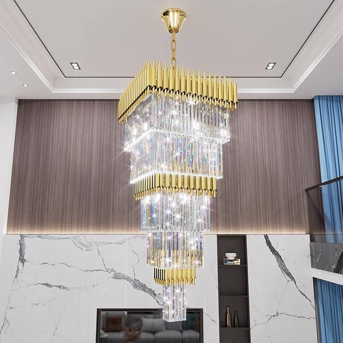 W24 x H80 Large Gold Chandeliers for High Ceiling, 15-Light Square Tiered K9 Crystal Raindrop Chandelier, Adjustable Height Luxury Pendant Light for Staircase, Villa Foyer, Entryway