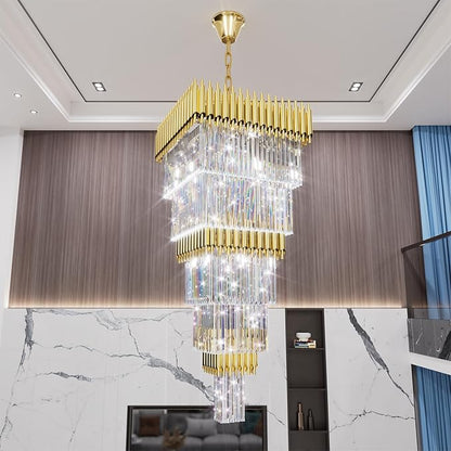 W24 x H80 Large Gold Chandeliers for High Ceiling, 15-Light Square Tiered K9 Crystal Raindrop Chandelier, Adjustable Height Luxury Pendant Light for Staircase, Villa Foyer, Entryway