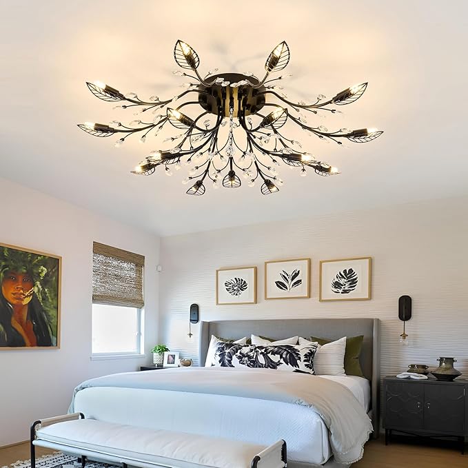 CVKASH 15 Light Vintage Small Crystal Chandelier Modern Branche Semi Flush Mount Ceiling Light Fixture Black Chandelier Lighting for Kitchen Bedroom Living Room Dining Room Hallway Foyer