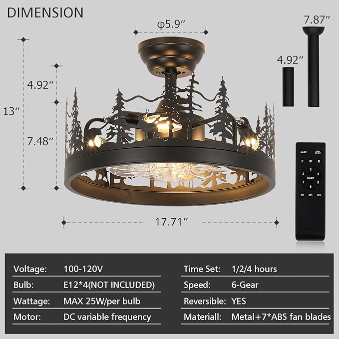 Farmhouse Rustic Ceiling Fan with Light and Remote, Black Rustic Fan with Bear and Deer Design, Adjustable Height, Rustic Deer Antler Fan for Living Room, Bedroom, Hallway Lighting