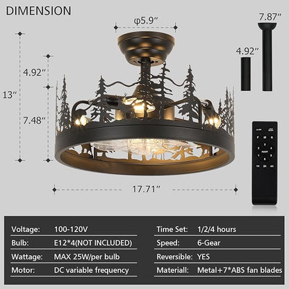 Farmhouse Rustic Ceiling Fan with Light and Remote, Black Rustic Fan with Bear and Deer Design, Adjustable Height, Rustic Deer Antler Fan for Living Room, Bedroom, Hallway Lighting
