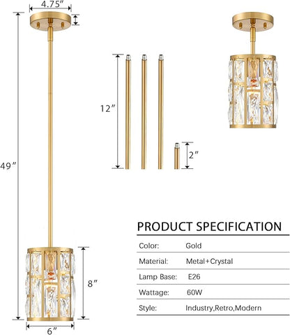 MEXO Modern Crystal Pendant Light Fixture 3-Pack Gold Finish Hanging Lighting Crystal Chandelier for Kitchen Island
