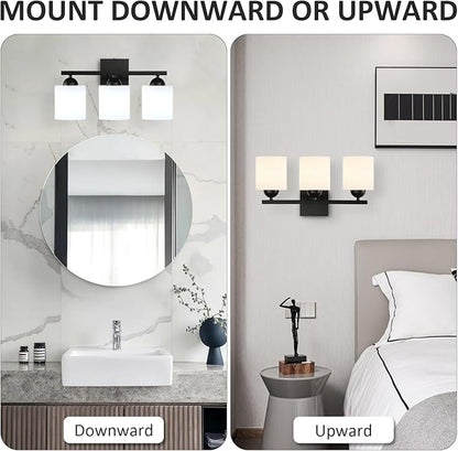 3-Light Matte Black Bathroom Vanity Light, Modern Bathroom Light Fixtures Over Mirror, Farmhouse Wall Sconce with Milky White Glass Shades, E26 Socket