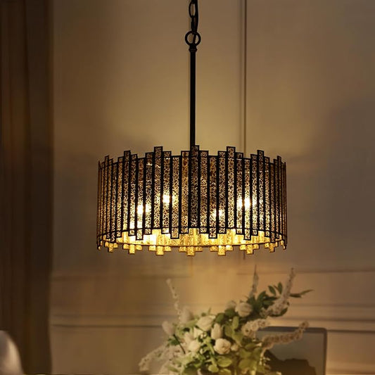 KSANA Black Drum Chandelier, 4-Light Modern Drum Pendant Hanging Light Fixtures with Colored Glass Shade for Dining & Living Room, Bedroom, Foyer and Kitchen, 15.7'' D x 18.9'' H