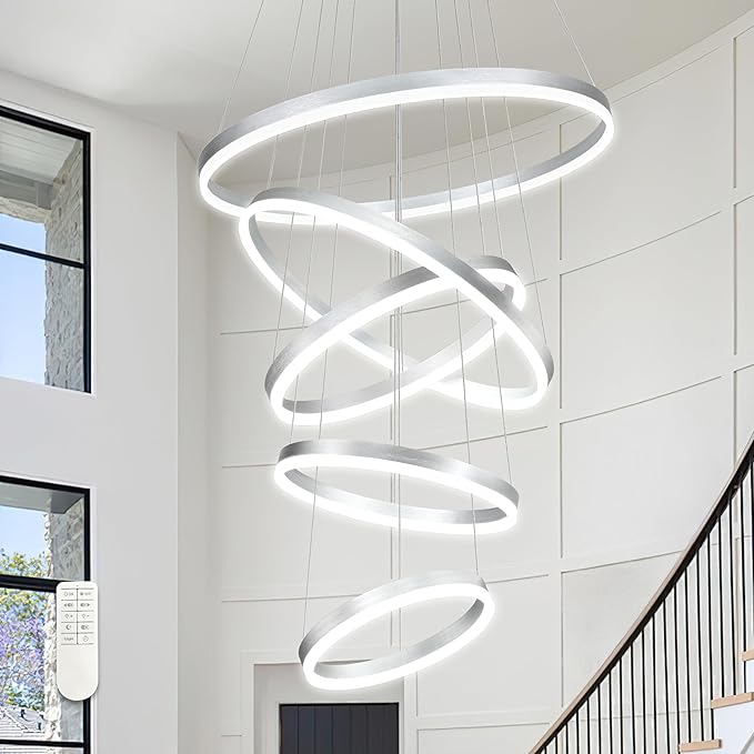5 Rings Pendant Lights Modern Nickel Led Chandelier Nickel Modern Led Pendant Light Dimmable Height Adjustable Chandeliers for Dining Room Bedroom Entryway Living Room Foyer (3000K-6000K)