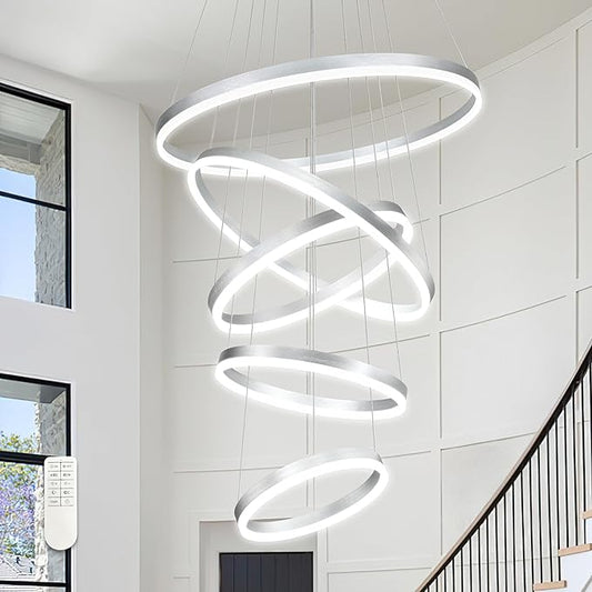 5 Rings Pendant Lights Modern Nickel Led Chandelier Nickel Modern Led Pendant Light Dimmable Height Adjustable Chandeliers for Dining Room Bedroom Entryway Living Room Foyer (3000K-6000K)
