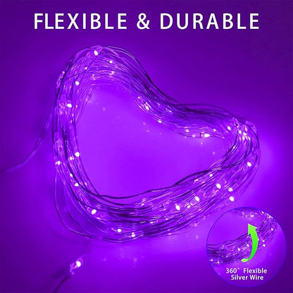 Solar Christmas Halloween String Lights Purple Outdoor Waterproof 2Pack Total 200Led 8 Modes Copper String Lights Fairy Lights for Valentine's Day Garden, Patio, Fence, Balcony, Outdoors