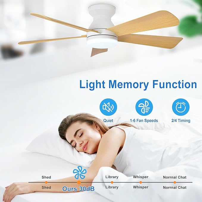 Depuley 42-Inch Ceiling Fans with Lights: Indoor/Outdoor Flush Mount Ceiling Fan with Remote Control - Wood 5 Blade Low Profile Fandelier for Kitchen Gazebo - Reversible Quiet Timer - 2 Packs