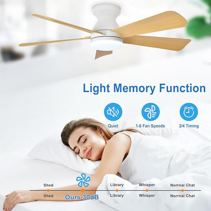 Depuley 42-Inch Ceiling Fans with Lights: Indoor/Outdoor Flush Mount Ceiling Fan with Remote Control - Wood 5 Blade Low Profile Fandelier for Kitchen Gazebo - Reversible Quiet Timer - 2 Packs