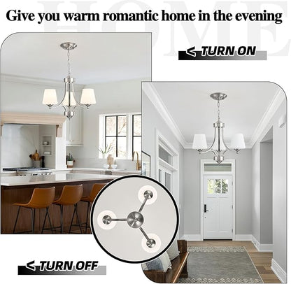 Brushed Nickel Dining Room Light Modern Sliver Chandelier with Frosted Glass, 3-Light Metal Farmhouse Kitchen Island Light Fixtures E26 Hanging Pendent Lighting for Living Room, Kitchen, Foyer