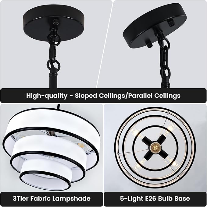 Drum Chandelier for Dining Room, 5-Light Modern Black Chandelier with White Fabric Shade, 20" Hanging Linen Drum Pendant Ceiling Light Fixture for Kitchen Island Bedroom Living Room