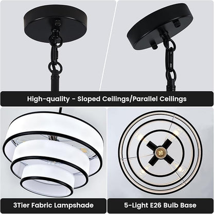 Drum Chandelier for Dining Room, 5-Light Modern Black Chandelier with White Fabric Shade, 20" Hanging Linen Drum Pendant Ceiling Light Fixture for Kitchen Island Bedroom Living Room