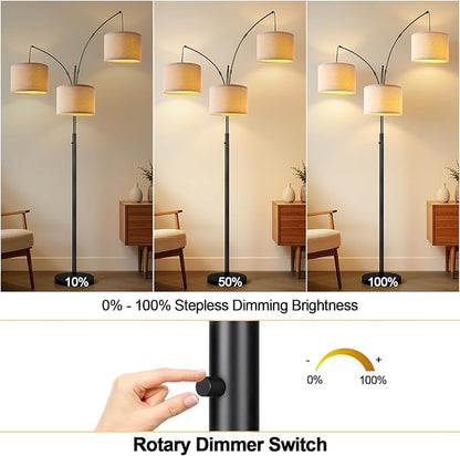 Dimmable 3 Lights Floor Lamp - 3000LM Super Bright Arc Floor Lamps for Living Room, Modern Tall Standing Lamp With Beige Shades, Mid Century Tree Floor Lamp for Bedroom Office, 3 LED Bulbs Included