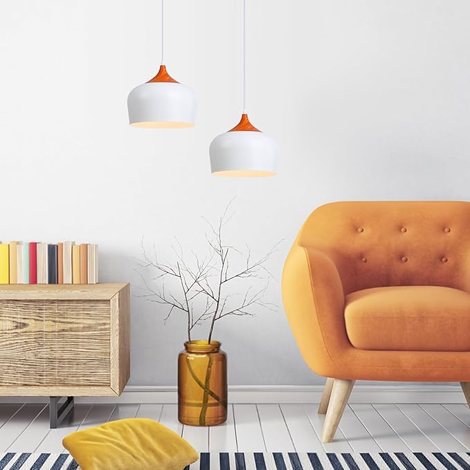 Modern Pendant Light Fxtures Kitchen, Hanging Light Fixtures Ceiling Mount, Wood Metal Shade Pendant Lamp for Dining Room, Bedroom, Living Room, Bathroom, Entryway, Small Chandelier, White