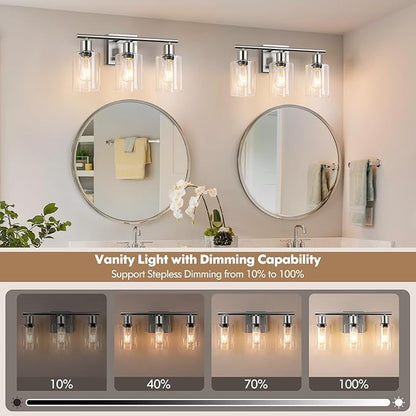 Battery Operated Wall Sconce, 3-Light Dimmable Rechargeable Vanity Light Fixture with Remote & Bulbs, 3-Light Silver Wireless Indoor Non-Hardwired Wall Lamp for Bedroom, Living Room, Cabinet, Porch