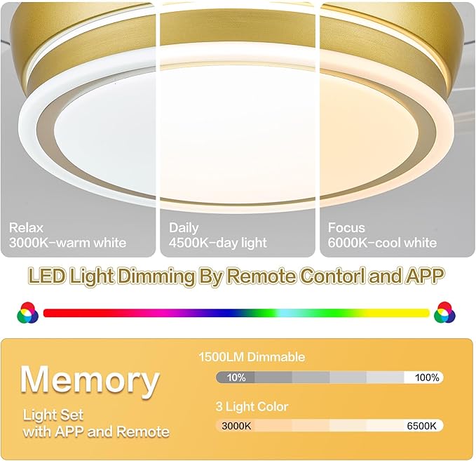 30" RGB Retractable Ceiling Fan Dimmable LED Chandelier Fan 6 Speed Small Fandelier with Remote APP Control for Living Dinning Room Bedroom Gold