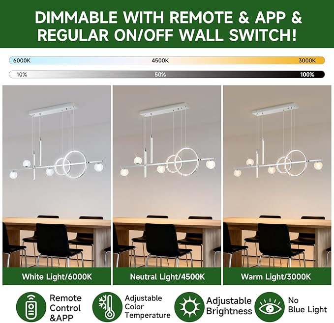ORANOOR Modern LED Pendant Lights, Dimmable 47in Silver LED Chandelier Lighting, Upgraded Chrome Linear Dining Room Hanging Light Fixtures Kitchen Island Globe Pendant Light for Dining Table (4200lm)