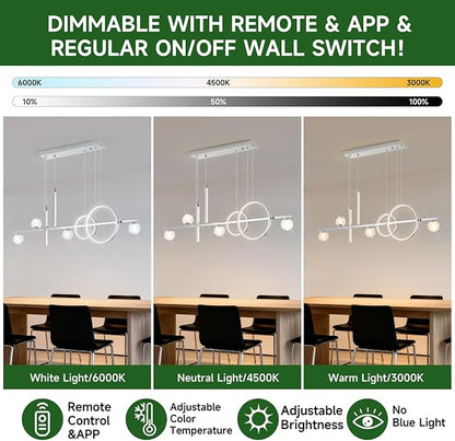 ORANOOR Modern LED Pendant Lights, Dimmable 47in Silver LED Chandelier Lighting, Upgraded Chrome Linear Dining Room Hanging Light Fixtures Kitchen Island Globe Pendant Light for Dining Table (4200lm)