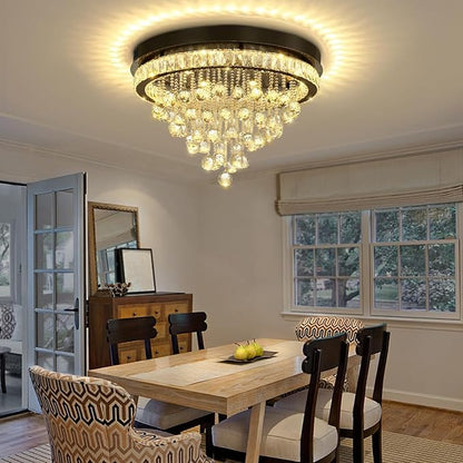 Dia 24" Modern Crystal Chandeliers for Dining Room,Black Raindrop Chandelier Flush Mount Chandeliers for Living Room Bedrooms Dining Room Dimmable 2700k 4500k 6000k