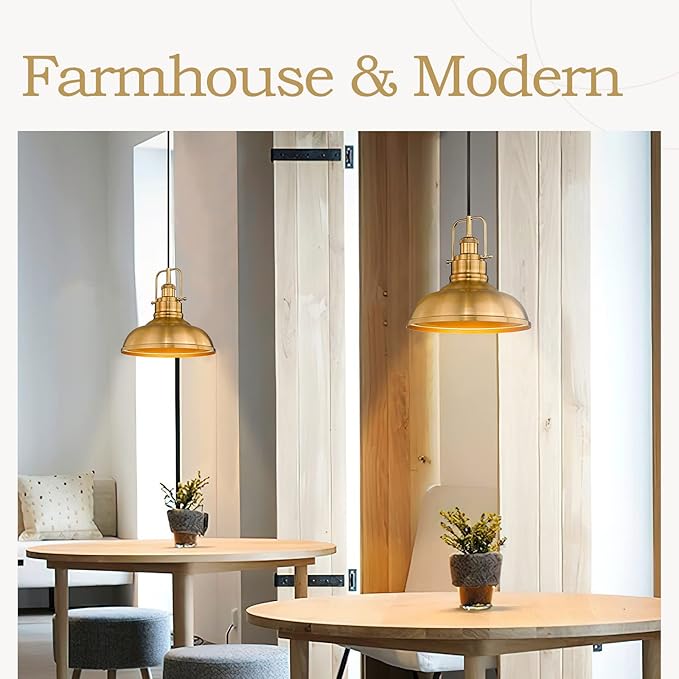 zeyu 2 Pack Farmhouse Pendant Lights, 11-inch Industrial Ceiling Pendant Light Fixture with Metal Dome Shade, Gold Finish, 016-1-2PK BG