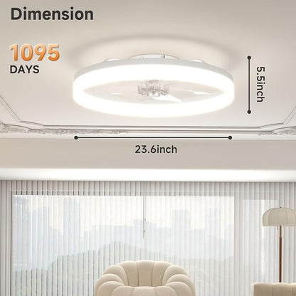 VOLISUN Low Profile Ceiling Fans with Lights and Remote, 23.6in Fandelier Ceiling Fan with Light, 3000K-6500K Dimmable Bladeless LED Fan Light, White Flush Mount Ceiling Fans with Lights for Bedroom