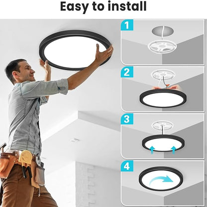 libtit 12 inch Flush Mount LED Ceiling Light Fixture, 3000K 4000K 6500K Adjustable, 28W 3200lm Black Round Lighting Fixtures for Bathroom Shower Hallway Kitchen, 2 Pack