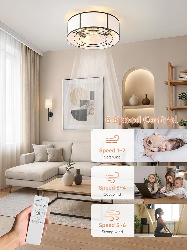 Low Profile Ceiling Fans with Lights, 20" Flush Mount Ceiling Fan with Light, Black and White Boho Bladeless with 6 Speeds Remote Control for Bedroom, Nursery, Living Room