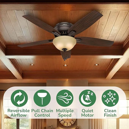 Hunter 52 inch Indoor Ceiling Fan with LED Light - Bronze Ceiling Fan with Pull Chain, For Bedroom or Living Room, Low Profile Flush Mount, No Remote, 5 Blades - Newsome 53314, Premier Bronze