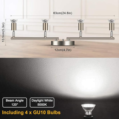 Ascher 4-Light LED Track Lighting Kit, Flexibly Rotatable Light Heads, 4 Way Ceiling Spotlight Matt Nickel Finish, Including 4 GU10 LED Bulbs (4W 400LM Daylight White 5000K)