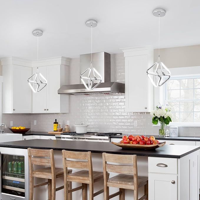 Modern Pendant Light Fixtures,6000K Cool White Chrome Led Pendant Lights for Kitchen Island,Adjustable Kitchen Island Hanging Light Fixture for Dining Room Bedroom Sink, 1 Pack