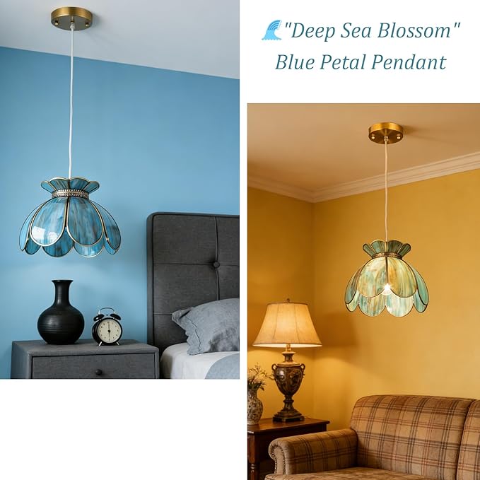 Brass Glass Ceiling Pendant Light, Hanging Chain lamp, with Vintage Lotus Flower Glass Shade for Kitchen Island Dining Room Bedroom Living Room-12 Stained Glass Shade