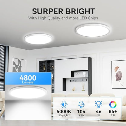 WKONCLDY Two Pack 4700lm LED Flush Mount Ceiling Light, Super Slim 16 inch 5000K LED Ceiling Light for Bedroom, Living Room, Dining Room (White)