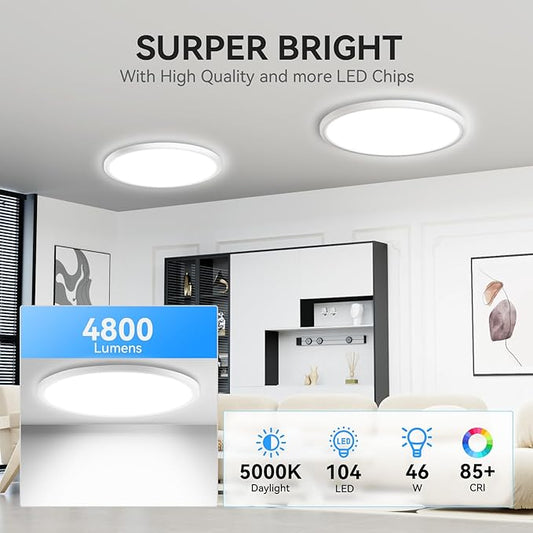 WKONCLDY 4 Pack 4700lm Super Slim 16 inch LED Ceiling Light, 5000K for Bedroom, Living Room, Dining Room (White, Four Pack)