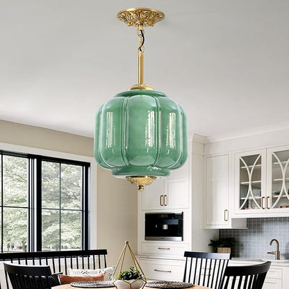 Milk Glass Pendant Light, 10 Inch Green Semi Flush Mount Ceiling Light, Vintage Glass Shade Chandelier With Dimmable E26 Base, Adjustable Hanging Rod, Pendant Light for Bedroom, Hallway, Dining Room