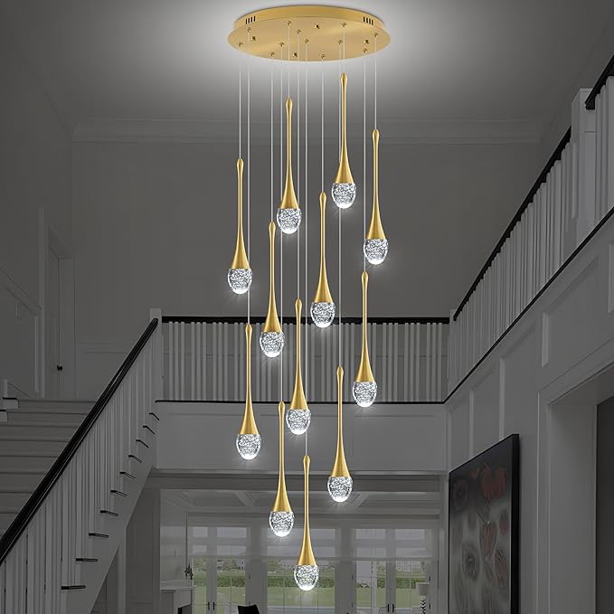 Modern Crystal Staircase Chandelier Gold 12-Lights, H120'' Large High Ceiling Spiral Dimmable LED Raindrop Foyer Entryway Light Fixture Remote Control